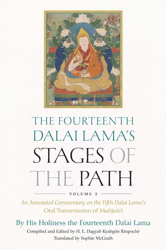 Boekomslag met een schilderij van de veertiende Dalai Lama, met de titel 'The Fourteenth Dalai Lama's Stages of the Path, Volume 2'.