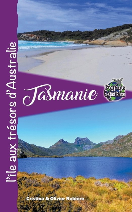 Boek 'L'île aux trésors d'Australie' met 'Tasmanie' en 'Voyage Experience' op de cover. Toont een strand en bergen.
