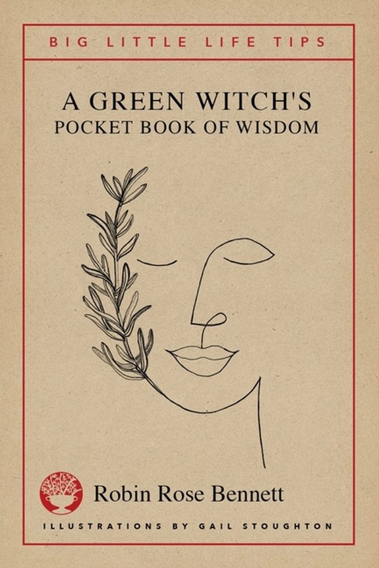 Boek omslag met titel 'A GREEN WITCH'S POCKET BOOK OF WISDOM' in rode letters en een lijntekening van een gezicht met takjes.