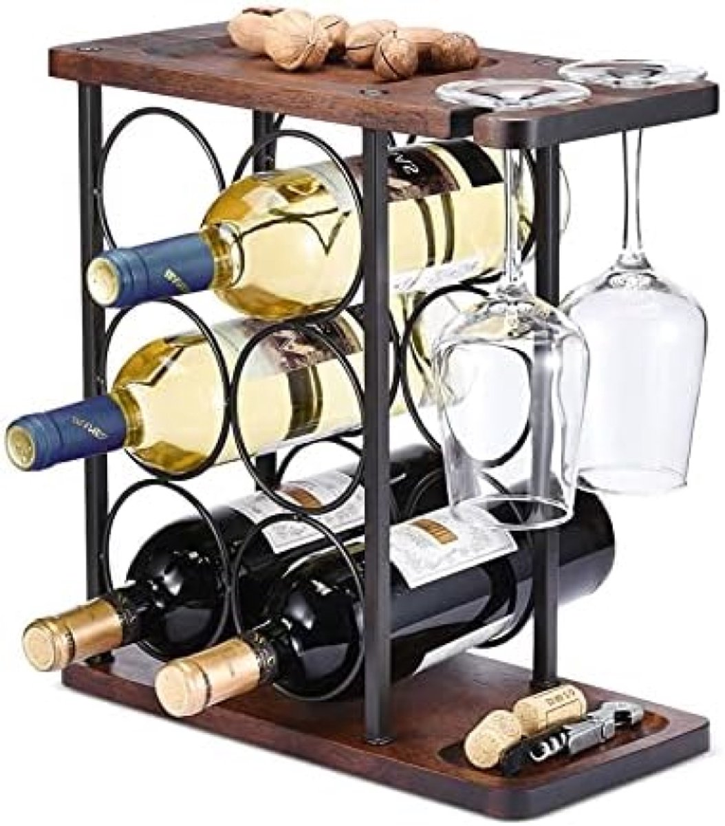 PolkaHome Wijnrek met Glazen Houder - Houten Tafelwijnhouder met Dienblad - Vrijstaand Wijnrek voor 6 Flessen en 2 Glazen - Perfect voor Keuken, Wijnbar of als Cadeau
