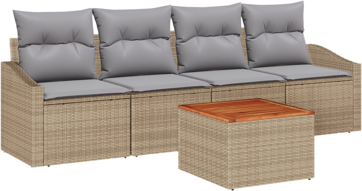 vidaXL - Tuinbank - Set - met - kussen - 5 - pcs - Beige - poly - rattan