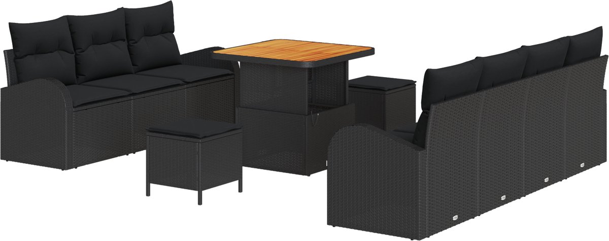vidaXL - Tuinbank - Set - met - kussen - 10 - pcs - Zwart - poly - rattan