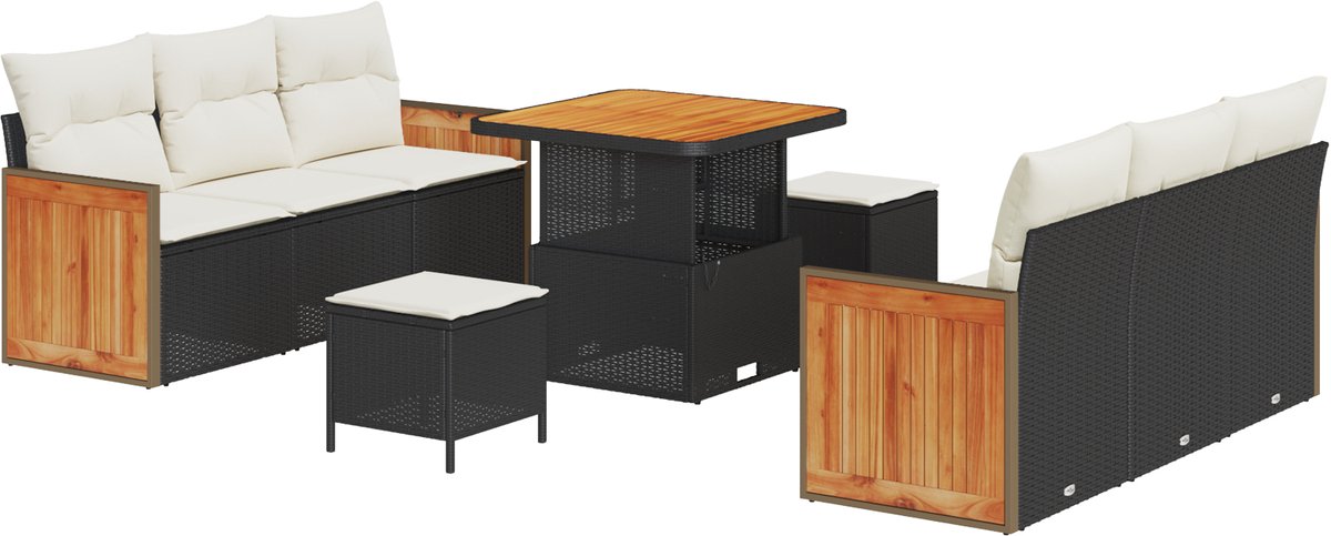 vidaXL - Tuinbank - Set - met - kussen - 9 - pcs - Zwart - en - Crème