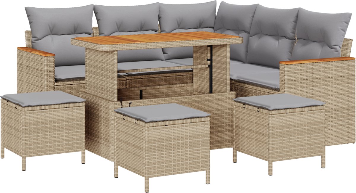 vidaXL - Tuinbank - Set - 9 - pcs - Beige - poly - rattan