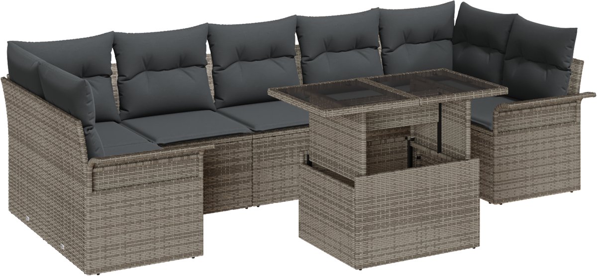 vidaXL - Tuinbank - Set - met - kussen - met - opslag - 8 - pcs - Grijs - Poly - rattan