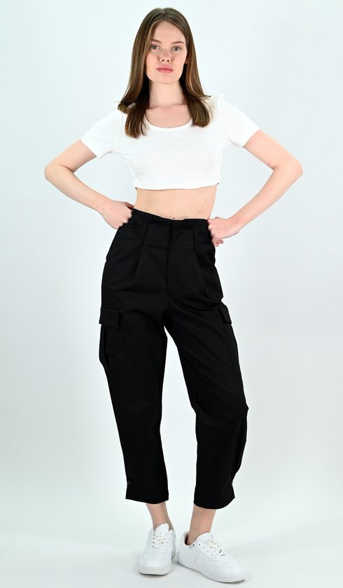 YesMooi - Pantalon cargo taille paperbag - 100 % Katoen - Zwart - L (40)