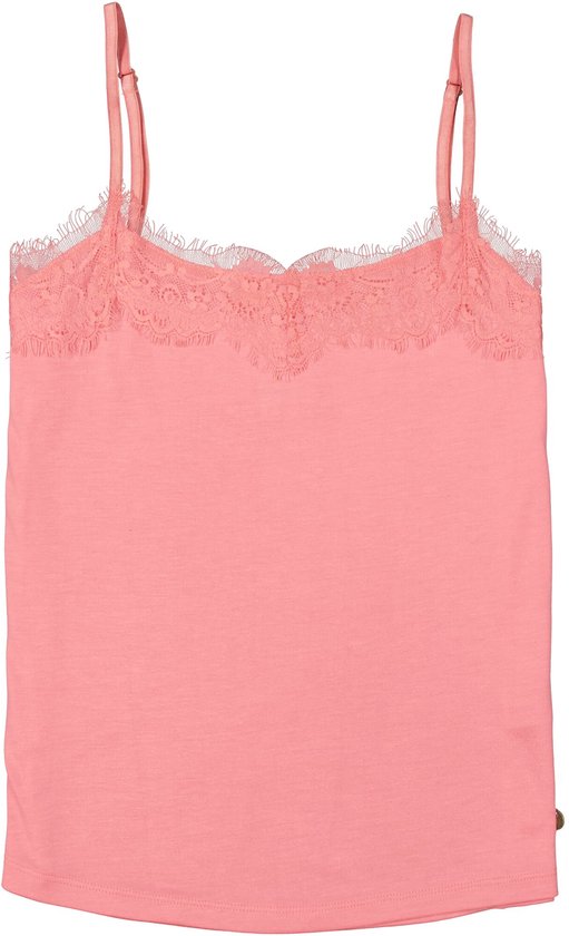 Roze top met kanten afwerking aan de bovenrand en verstelbare bandjes.