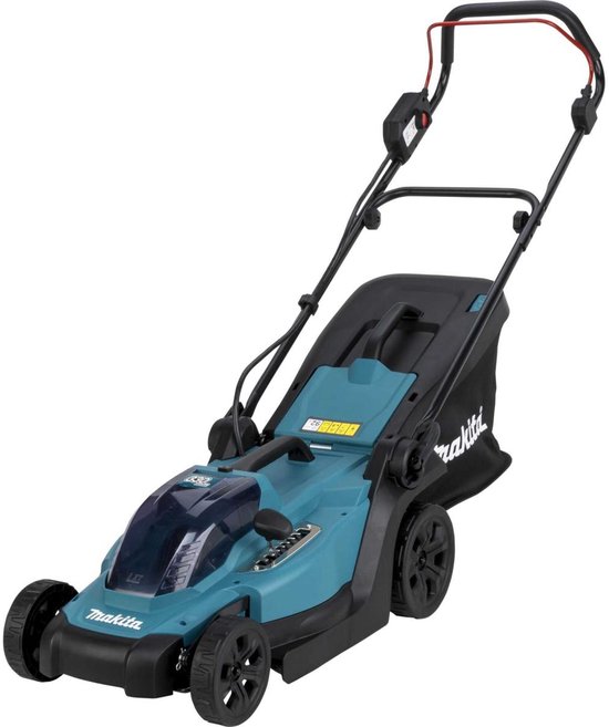 Turquoise Makita grasmaaier met zwarte grasopvangzak, met duwboom omhoog.