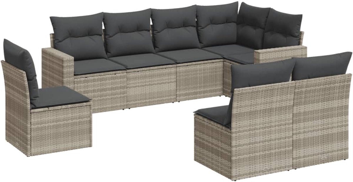 The Living Store 8-delige Loungeset met kussens poly rattan lichtgrijs - Loungebank - Tuinset - Lounge Set - Buitendecoratie - Tuinmeubels