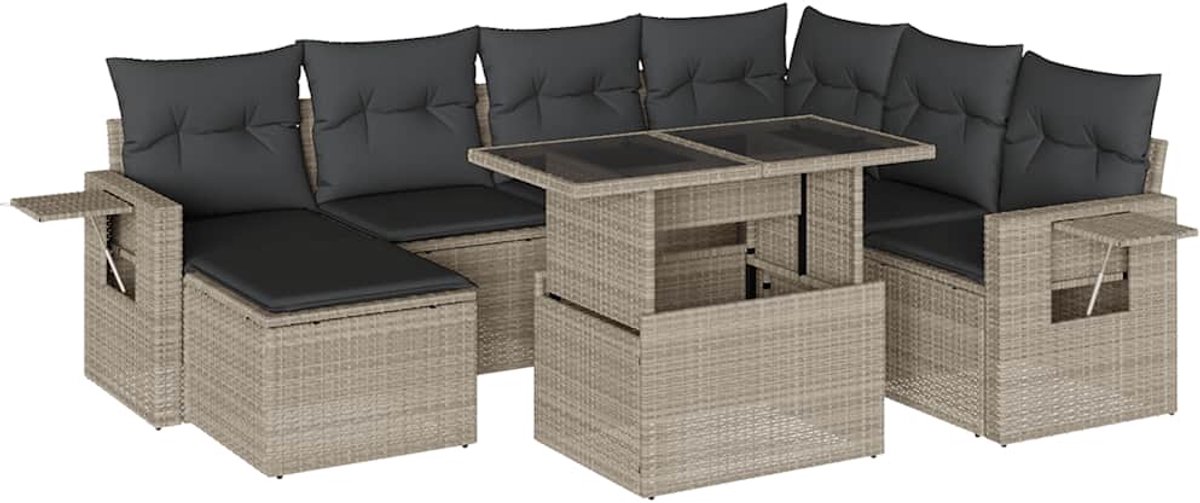 Moderne poly rattan loungeset in lichtgrijs met kussens voor tuinmeubelen.