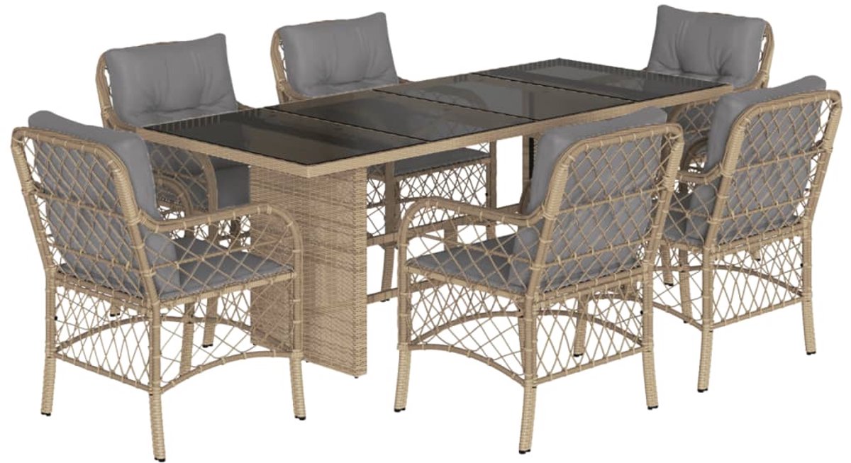 Tuinset met beige poly rattan kussens voor buiten loungen en dineren.