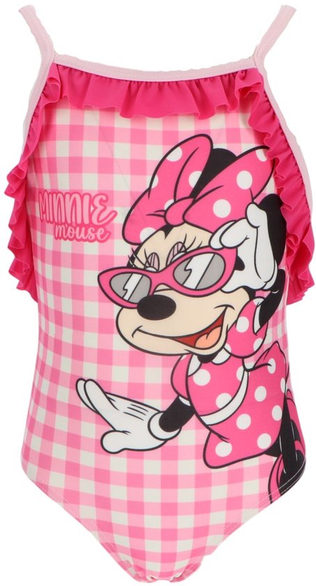 Roze geruit badpak met Minnie Mouse print, ruches en strik.