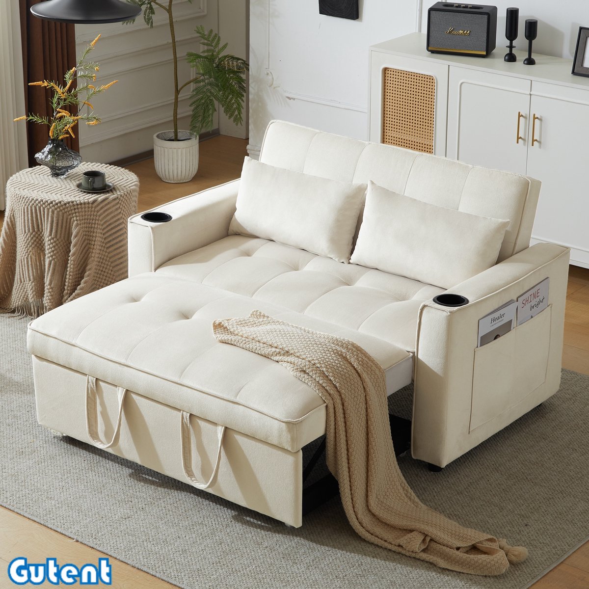 Gutent Opvouwbare slaapbank - met slaapfunctie - met bekerhouder en kussens - Beige