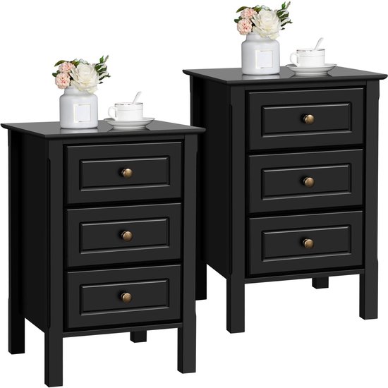 Set van twee zwarte nachtkastjes met elk 3 laden, versierd met bloemen.