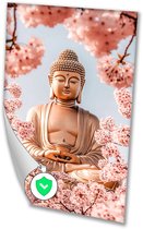 Gouden Boeddha omringd door bloesems - Boeddha posters - Wanddecoratie boeddhabeeld - Realisme - Wanddecoratie industrieel - Woonaccessoires - Poster 60x90 cm