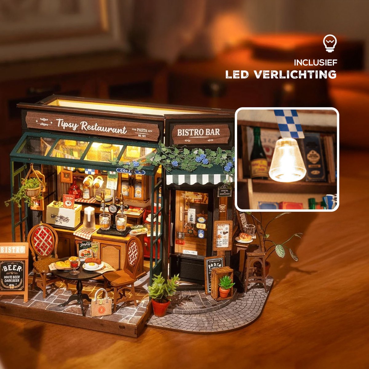 Robotime Rolife Tipsy Restaurant - DG167 - Rolife - DIY Miniatuur - Knutselen - Miniatuurhuisje — afbeelding 5