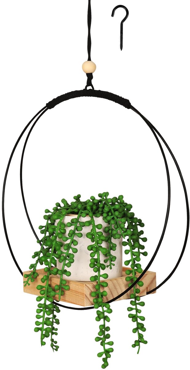 Ibenzoa® Elegante Boho Macramé Plantenhanger met Houten Basis en Ophanghaak voor Binnen en Buiten