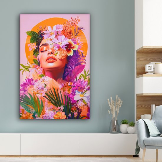 Tableau sur toile 80x120 cm - Décoration murale exclusive Femme - Abstrait - Cercle - Fleurs - Décoration murale salon - Décoration chambre - Accessoires chambre - Peintures sur toile