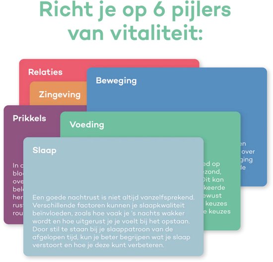 Vertellis Vitaliteit Deck: Focus op 6 pijlers van vitaliteit: Relaties, Zingeving, Prikkels, Voeding, Beweging, Slaap.