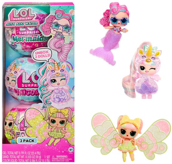 LOL Surprise-minipoppen Gewoon water toevoegen-pakket van 3 met 3 fantasiepoppen om zelf te maken en 25+ verrassingen om uit te pakken, inclusief zeemeermin, fee en eenhoorn en magische knutselspullen - Een geweldig cadeau voor kids van 4+ jaar