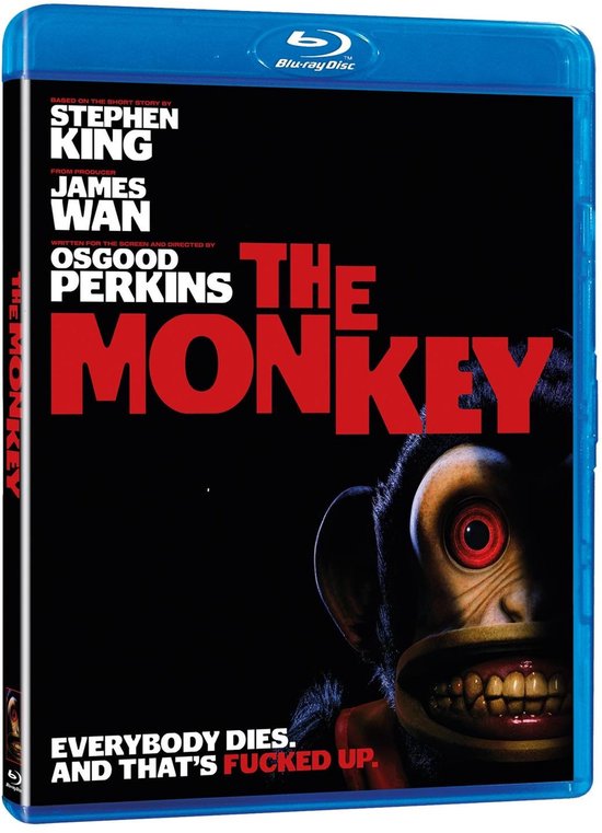 Blu-ray hoes van 'The Monkey', met een enge aap op de voorgrond en tekst.
