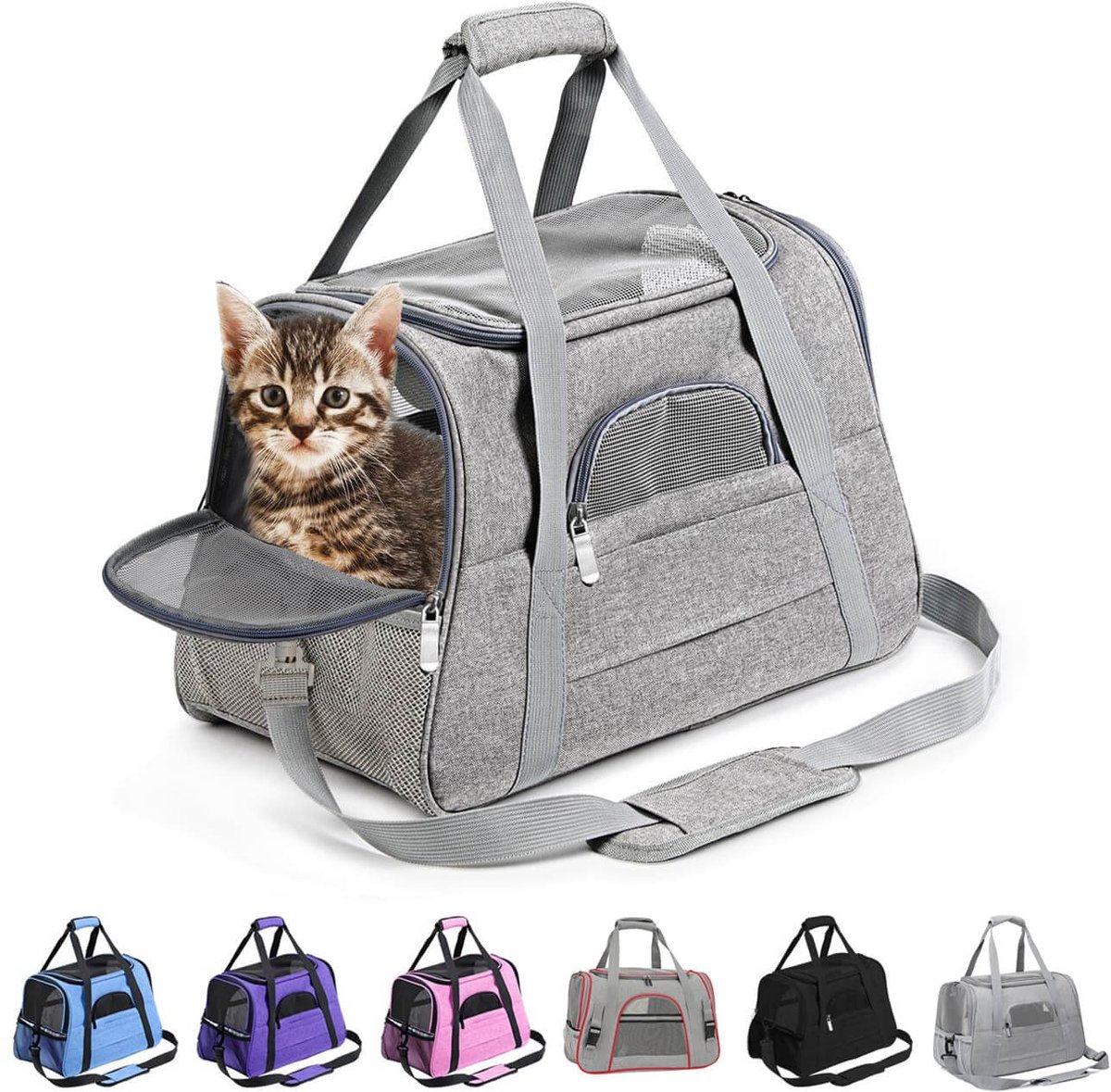Ibenzoa® Ademende Transportbox voor Kleine Dieren met Verstelbare Katten- en Hondentransportkooi - Grijs