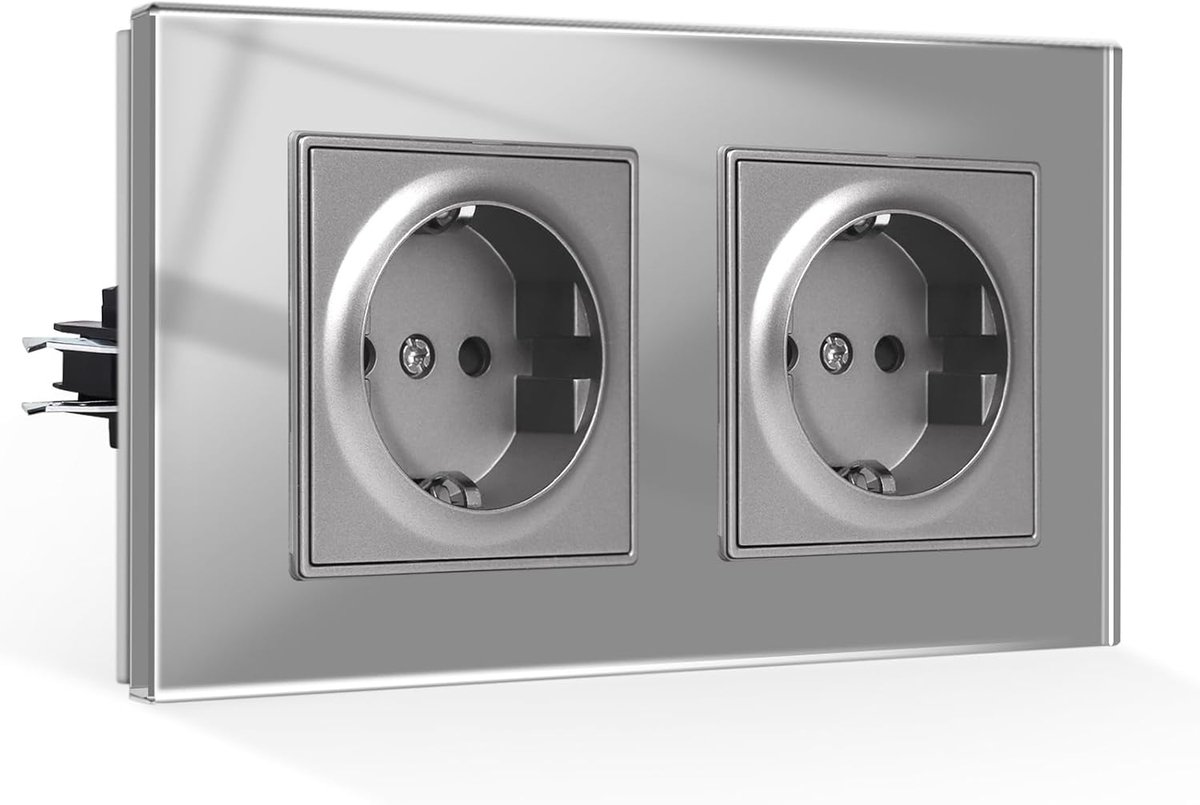 Dubbel Inbouwstopcontact met Klauwen - Gehard Glas, Grijs, Geaard, 16A, 250V - Wandcontactdoos 2-voudig