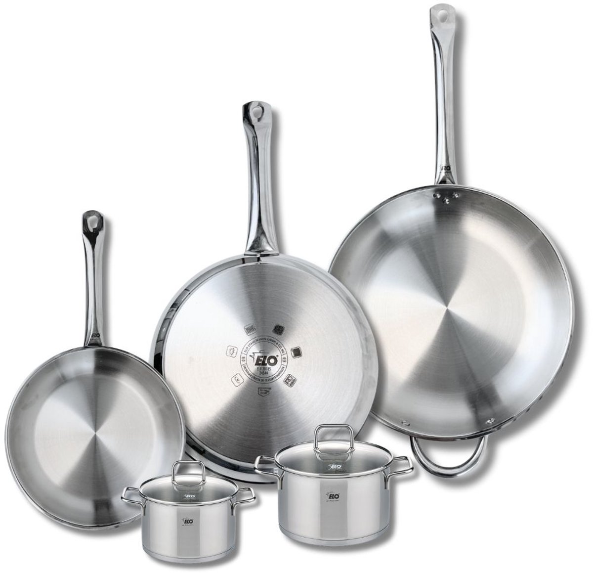 Set van 3 Kookpannen 24, 28 en 32 cm en 2 braadpannen 12 en 14 cm Elo Profi Citrin