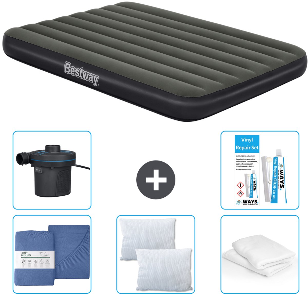 Bestway luchtbed - Twijfelaar- 137 x 191 x 25 cm - Groen - Inclusief Hoeslaken - Kussen - Kussenbeschermer - Pomp en Reparatieset