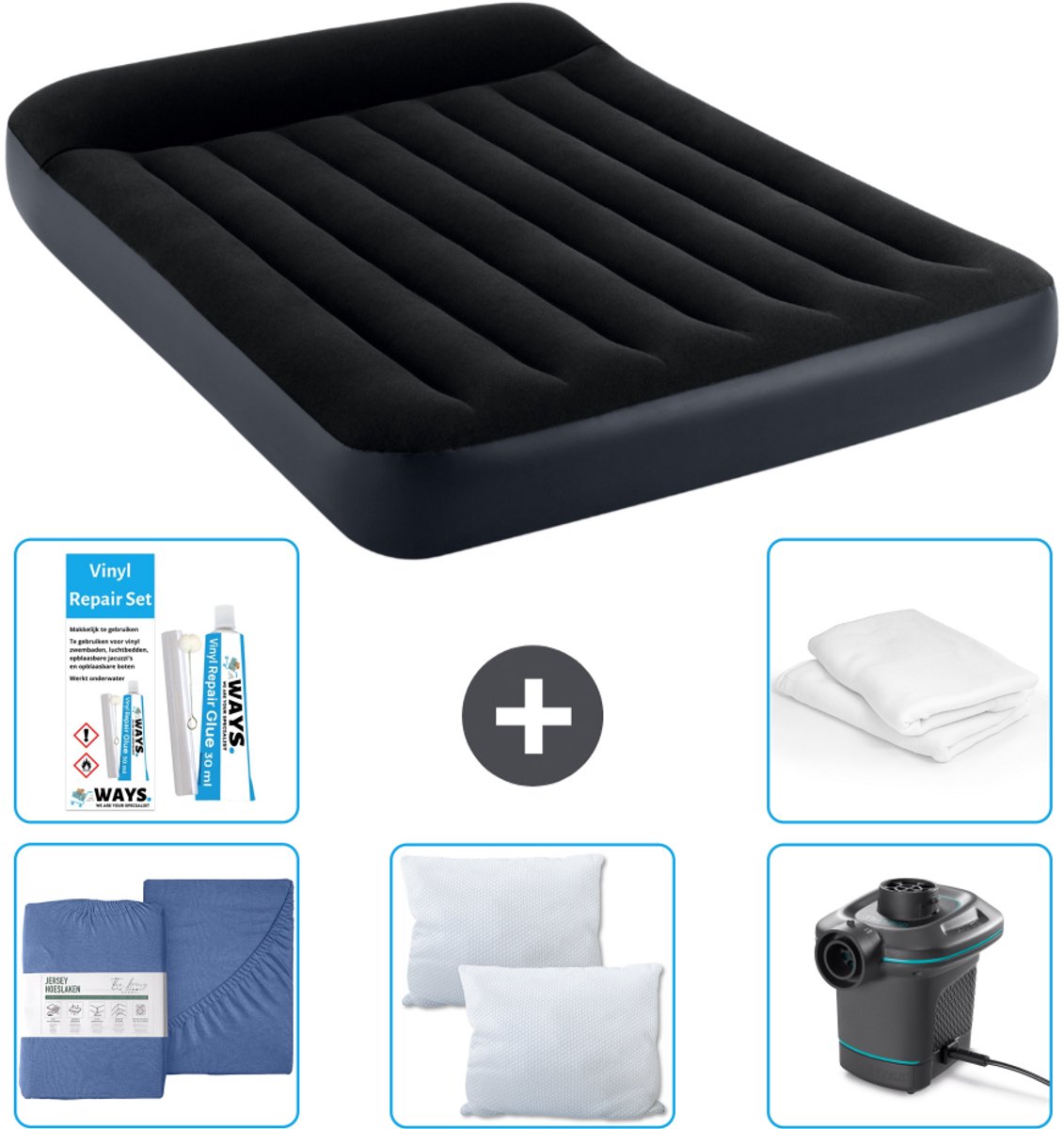 Intex Luchtbed - Twijfelaar - 137 x 191 x 25 cm - Donkerblauw - Inclusief Hoeslaken - Kussen - Pomp - Reparatieset en Kussenbeschermer