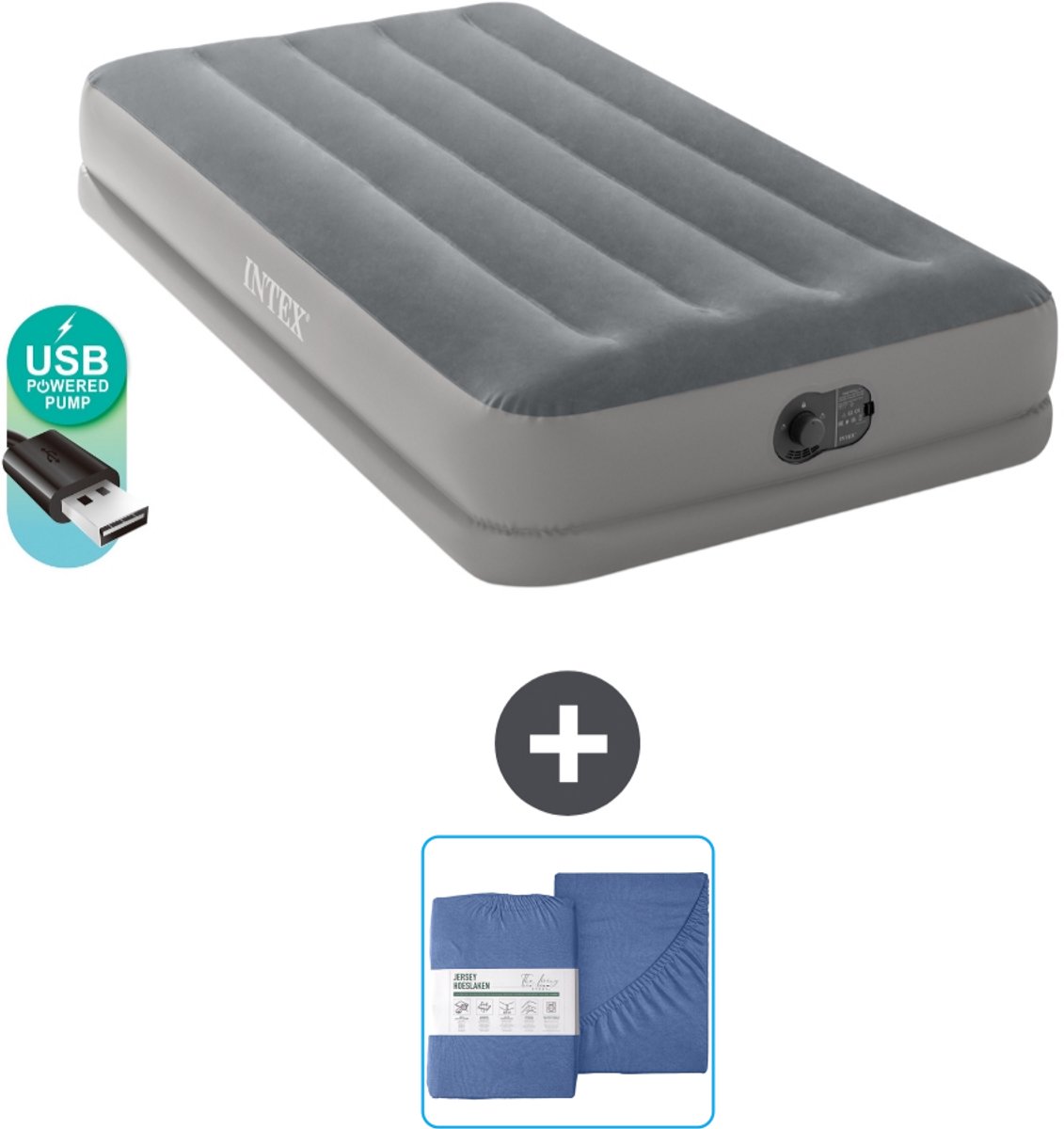 Intex Luchtbed - 1-Persoons - 99 x 191 x 30 cm - Grijs - Inclusief pomp en Hoeslaken