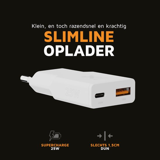 Witte XTORM slimline oplader met USB-C (25W) en USB-A (18W) poorten, en tekst over snelheid en dikte.