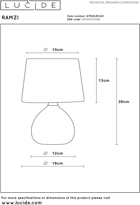 Dessin technique de la lampe de table Ramzi marron avec dimensions.
