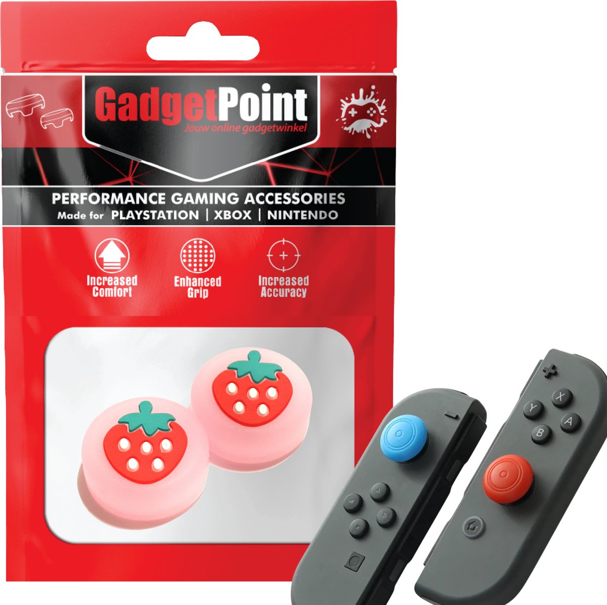 Gadgetpoint | Gaming Thumb Grips | Performance Thumbsticks | Accessoires geschikt voor Nintendo Switch Joy-Con Controller(s) | Thumbgrips | Aardbeien - Roze met Rood