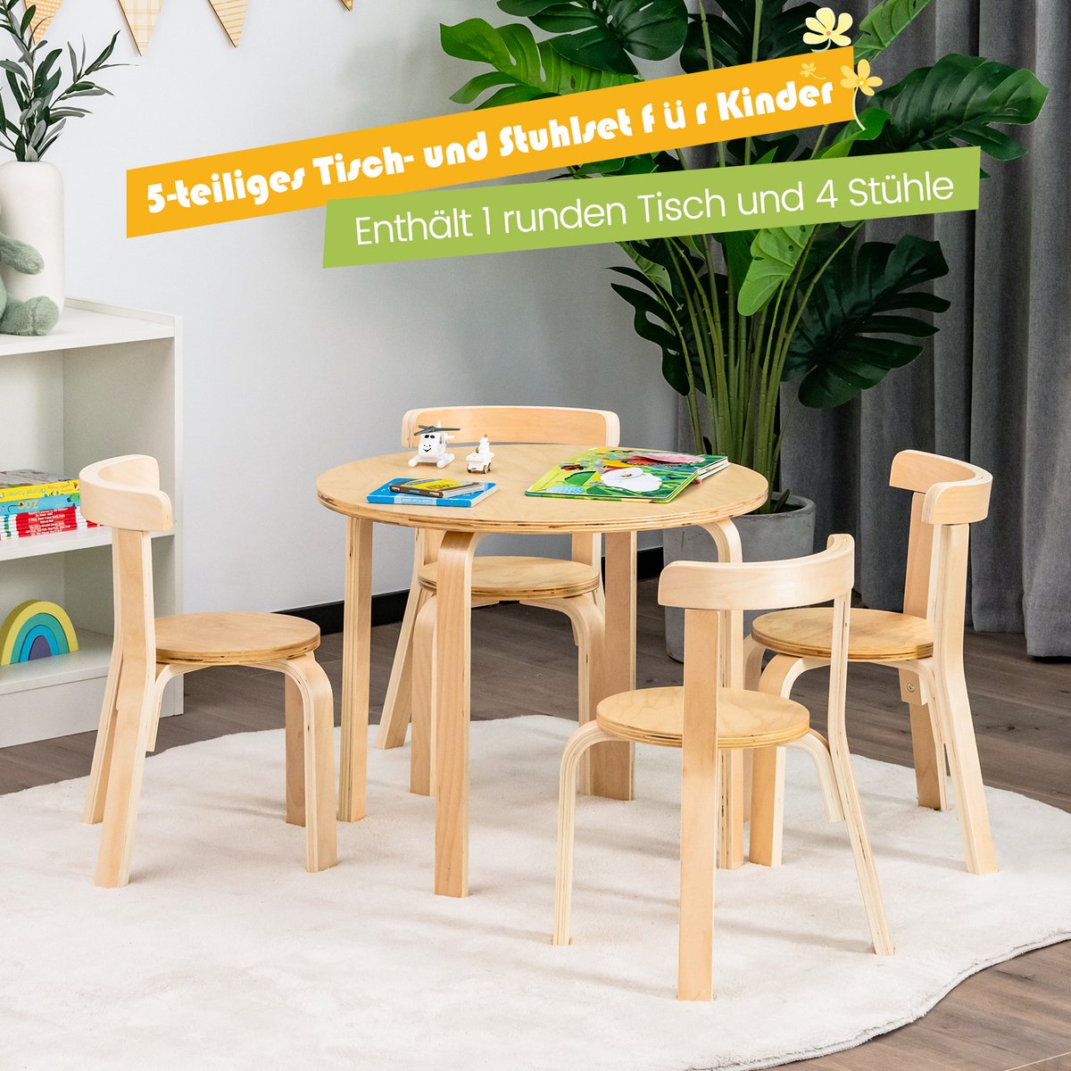 COSTWAY Kinderzitgroep met 4 stoelen, 5-delige kindertafel- en