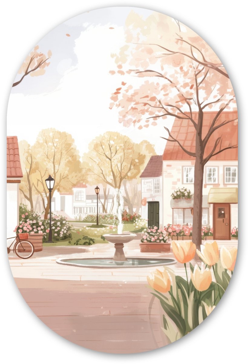 Muurovaal 60x90 cm - Ovale wanddecoratie Dorpsplein - Fontein - Tulpen - Ovalen schilderij