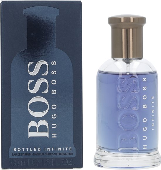 Hugo Boss Bottled Infinite eau de parfum in blauw met zilveren dop. De doos toont een blauwe fles met BOSS HUGO BOSS
BOTTLED INFINITE.