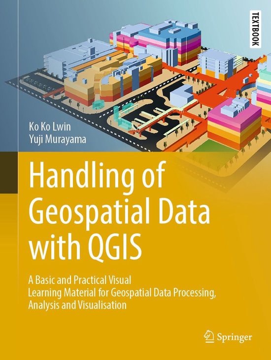 Boekomslag met de titel 'Handling of Geospatial Data with QGIS' en een afbeelding van een stadsplattegrond.
