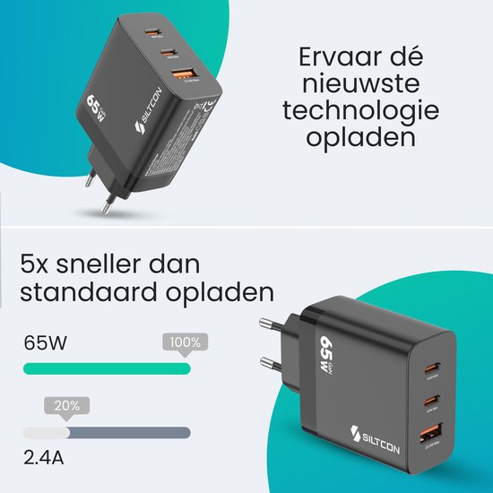 Siltcon® 3-in-1 Snellader USB-C 65W - USB C Adapter - Oplader USB-C - 2x USB-C PD 65W - 1x USB-A PD 22.5W - GaN Technologie - Universeel o.a. Telefoons, Laptops - Extra Compact