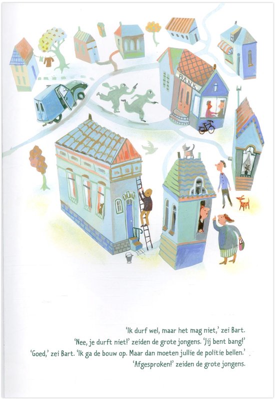 Illustratie van een dorpje met huizen, een bank, auto's en figuren. Bart klimt op een ladder.