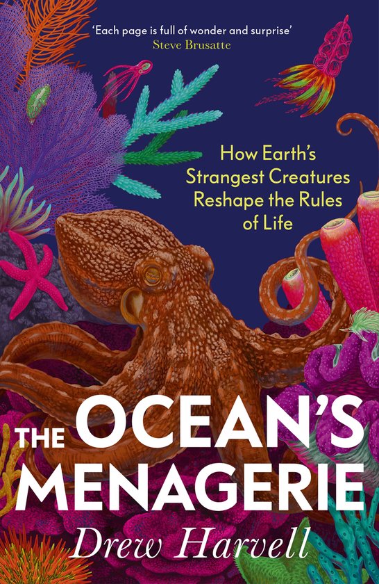 Boekcover 'The Ocean's Menagerie'. Een octopus in het midden met de titel en ondertitel in witte letters. Omringd door kleurrijk zeeleven.