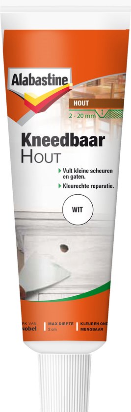 Alabastine Kneedbaar Hout wit vulmiddel in tube. Vult kleine scheuren en gaten. Kleurvaste reparatie.
