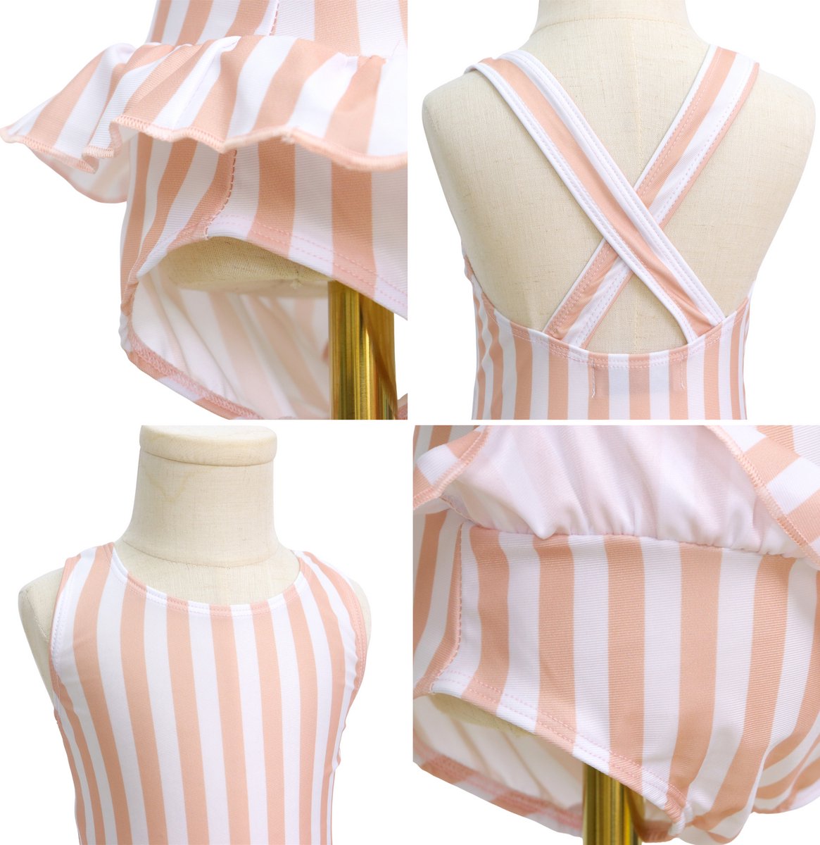 Joya Kids® Badpak Gestreept Roze Wit met Ruches Meisjes | Zwempak met ruches Strepen Zacht Roze | Zwempak Gekruisde Rug Kind | Meisje Streep Bikini Zomer | Kinderbadpak Peuter | — afbeelding 9