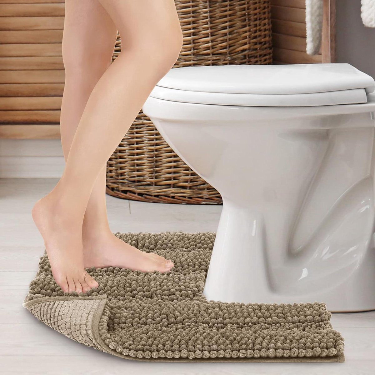 Antislip toiletmat voetstuk mat voor toilet badkamer douche - Absorberende machinewasbare microvezel chenille - U-vorm 51 x 51 cm (Bruin Beige)