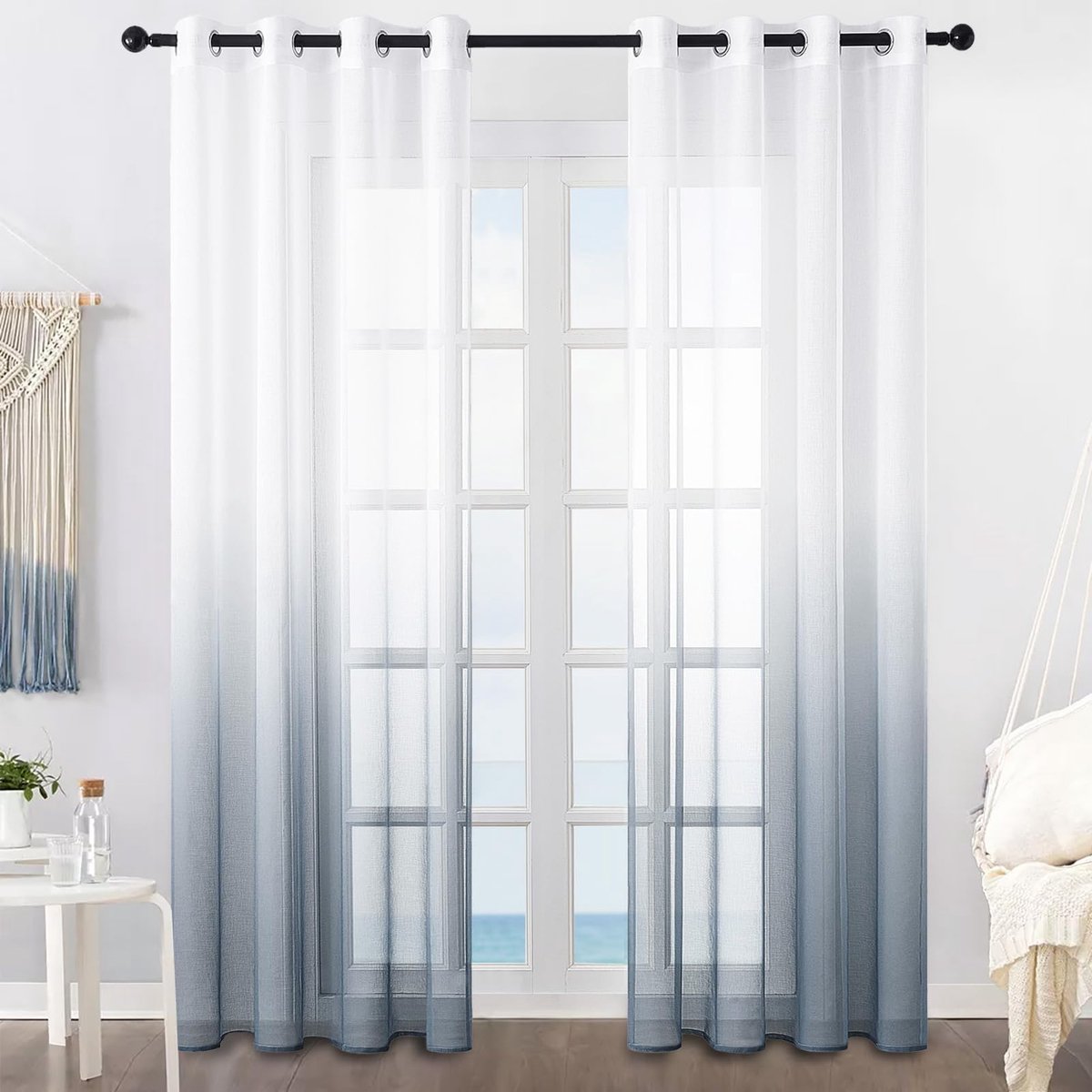 Ibenzoa Transparante Linnenlook Gordijnen met Kleurverloop voor Stijlvolle Interieurdecoratie, Set van 2, 160 x 140 cm grijs