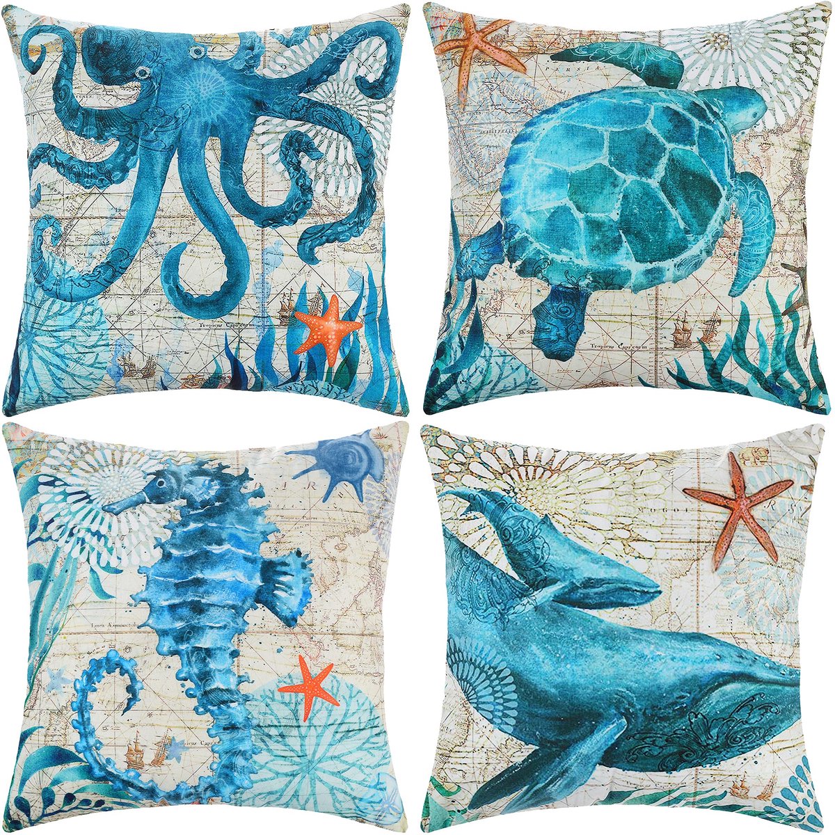Ibenzoa Set van 4 Boho Stijl Kussenslopen voor Woondecoratie en Comfort Onderwaterdier fluweel