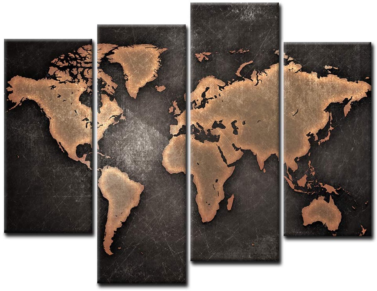 Ibenzoa Moderne Wereldkaart Canvas Kunst voor Stijlvolle Woonkamer Decoratie - 4-Delige Set zwart