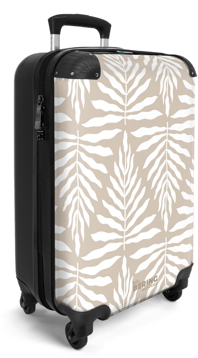 NoBoringSuitcases.com® - Handbagage koffer lichtgewicht - Reiskoffer trolley - Patroon van bladeren in beige met wit - Reis rolkoffer met wieltjes - Carry on reistrolley op wielen - Luggage suitcase - 55x40x20 en 55x35x25 - Bagage 55 cm