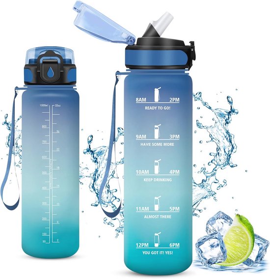 Enerbone 32oz waterfles met tijden om te drinken en rietje