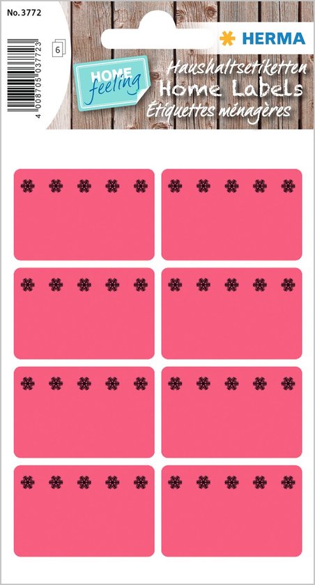 Pak met 6 vellen roze etiketten, 4 per vel, elk met 5 zwarte sterren aan de bovenzijde. "Home feeling" logo.